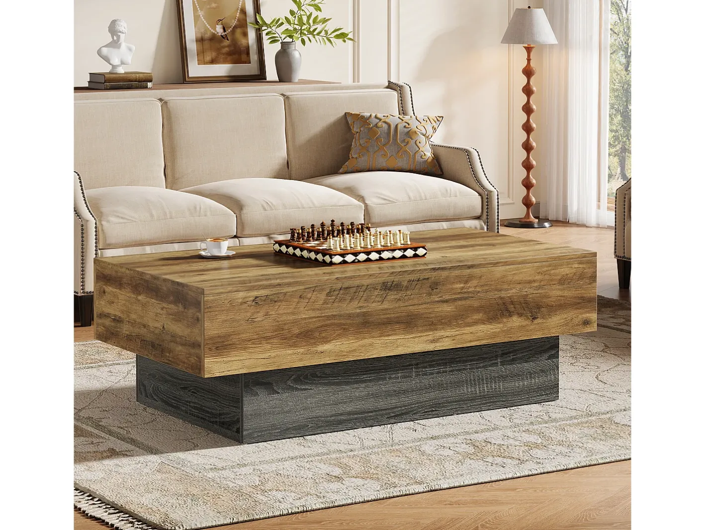 Mesa de Café Rural de 140 cm, Mesa de Chá Retangular Grande para Sala de Estar^Tribesigns Best