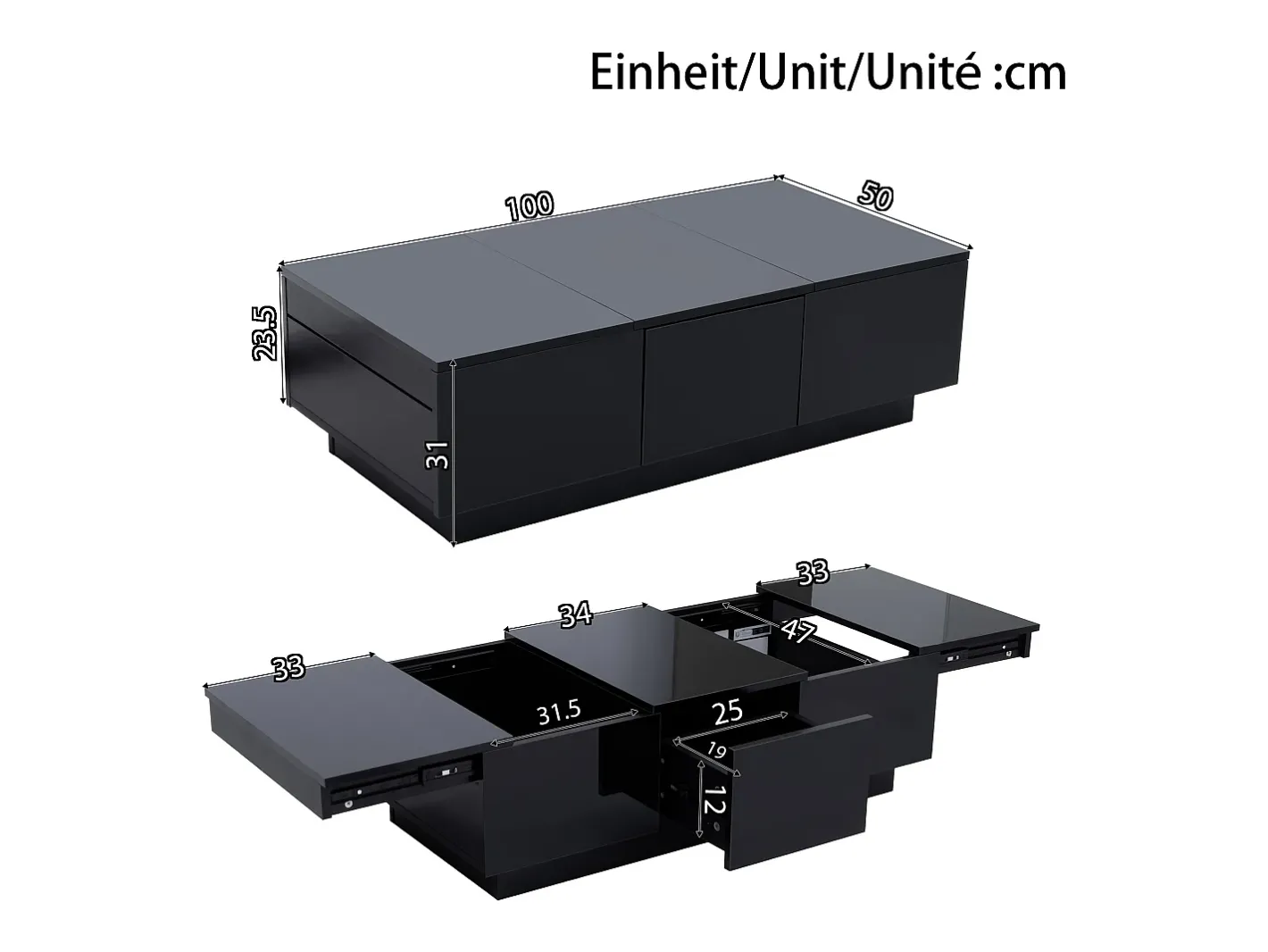 Best Mesa de café 100x31x50 cm - com 2 gavetas - Acabamento brilhante - Painéis de partículas - Mesa De Centro