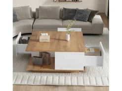 Mesa de centro 70×70×31,5 cm - com 3 gavetas - tampo quadrado - painel de partículas - branco + natural^ModernLuxe Clearance