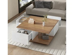Mesa de centro 70×70×31,5 cm - com 3 gavetas - tampo quadrado - painel de partículas - branco + natural^ModernLuxe Clearance
