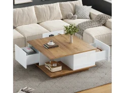 Mesa de centro 70×70×31,5 cm - com 3 gavetas - tampo quadrado - painel de partículas - branco + natural^ModernLuxe Clearance