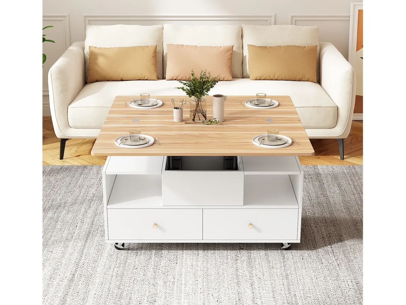 Sale Mesa de centro 100×50×47.5 cm - com função dobrável - 4 gavetas - com rodinhas giratórias - branco + natural Mesa De Centro