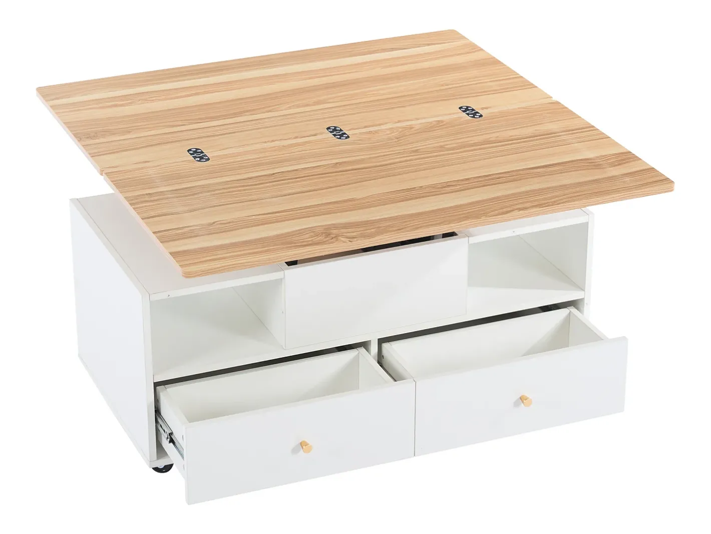 Sale Mesa de centro 100×50×47.5 cm - com função dobrável - 4 gavetas - com rodinhas giratórias - branco + natural Mesa De Centro