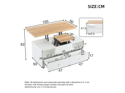 Sale Mesa de centro 100×50×47.5 cm - com função dobrável - 4 gavetas - com rodinhas giratórias - branco + natural Mesa De Centro