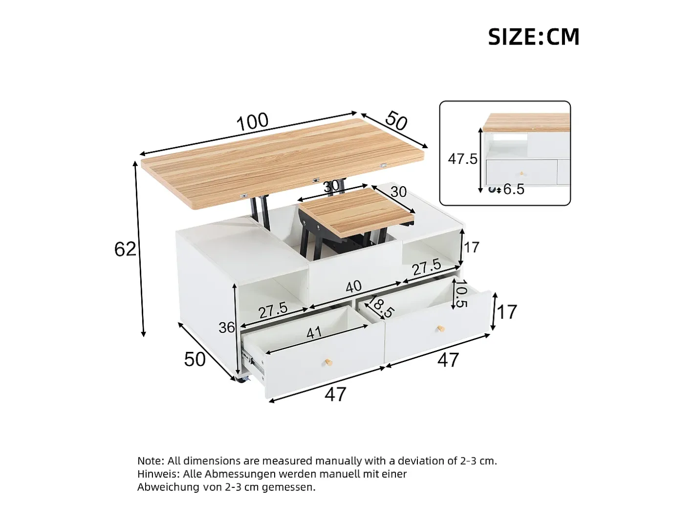 Sale Mesa de centro 100×50×47.5 cm - com função dobrável - 4 gavetas - com rodinhas giratórias - branco + natural Mesa De Centro