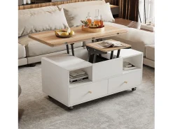 Sale Mesa de centro 100×50×47.5 cm - com função dobrável - 4 gavetas - com rodinhas giratórias - branco + natural Mesa De Centro