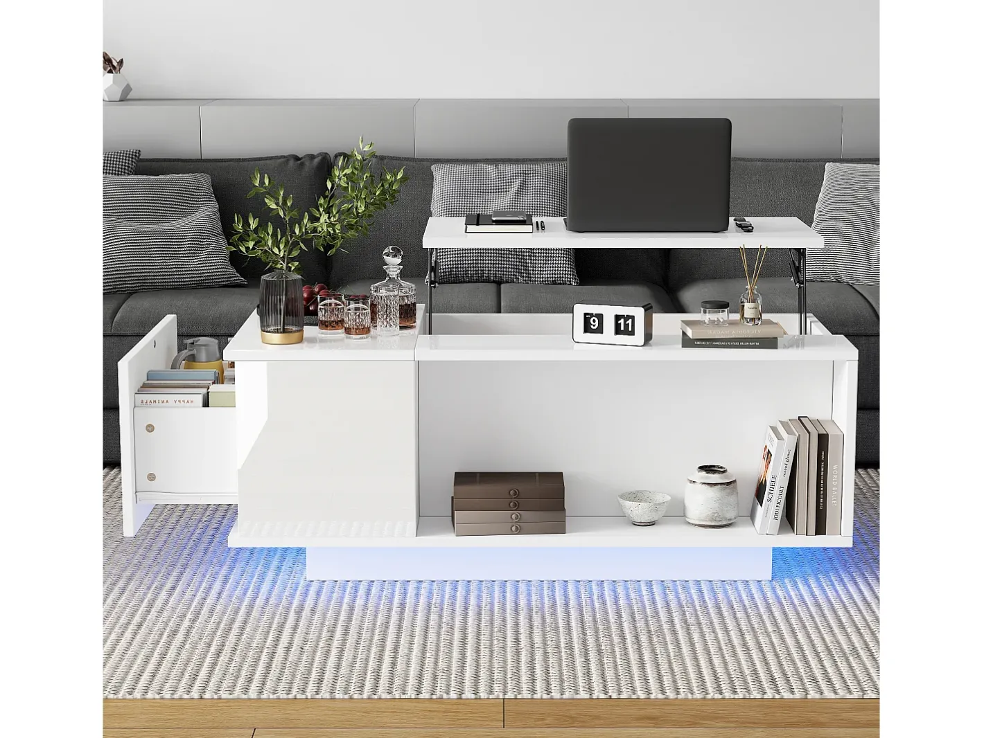 Sale Mesa de centro 100×50×40 cm - com iluminação LED - 1 gaveta - com tampo ajustável - Mesa De Centro