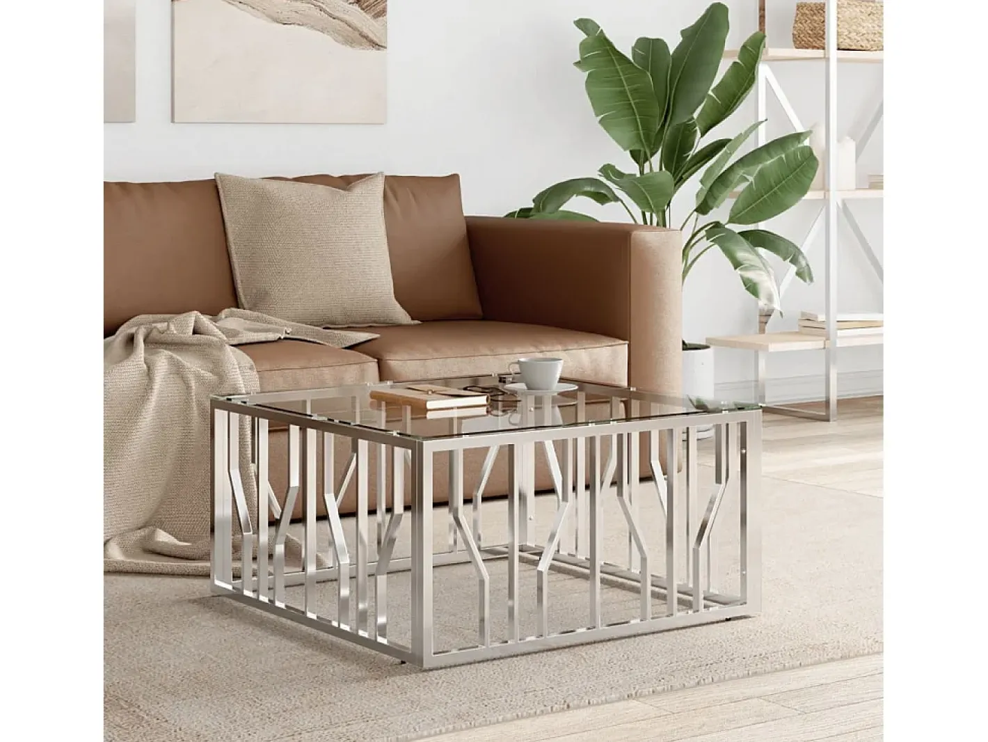 Mesa de centro | Mesa de apoio | Mesa de café 80x80x40 cm aço inoxidável e vidro^