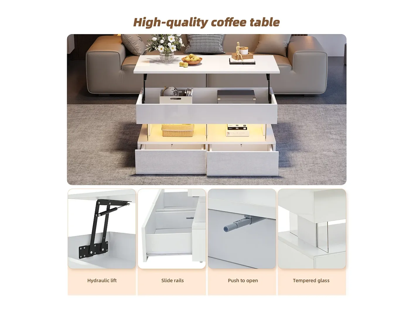 Mesa de centro ajustável 100×50×46 cm - com iluminação LED - 2 gavetas - MDF + vidro temperado -^ModernLuxe