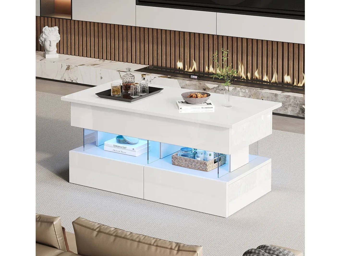 Mesa de centro ajustável 100×50×46 cm - com iluminação LED - 2 gavetas - MDF + vidro temperado -^ModernLuxe