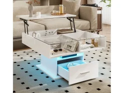 Mesa de centro ajustável 78×78×45,5 cm - com iluminação LED - 1 gaveta - prateleiras abertas -*ModernLuxe Discount