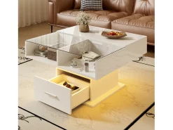 Mesa de centro ajustável 78×78×45,5 cm - com iluminação LED - 1 gaveta - prateleiras abertas -*ModernLuxe Discount