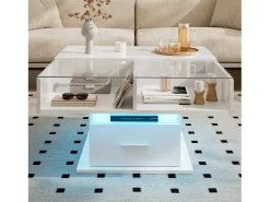 Mesa de centro ajustável 78×78×45,5 cm - com iluminação LED - 1 gaveta - prateleiras abertas -*ModernLuxe Discount