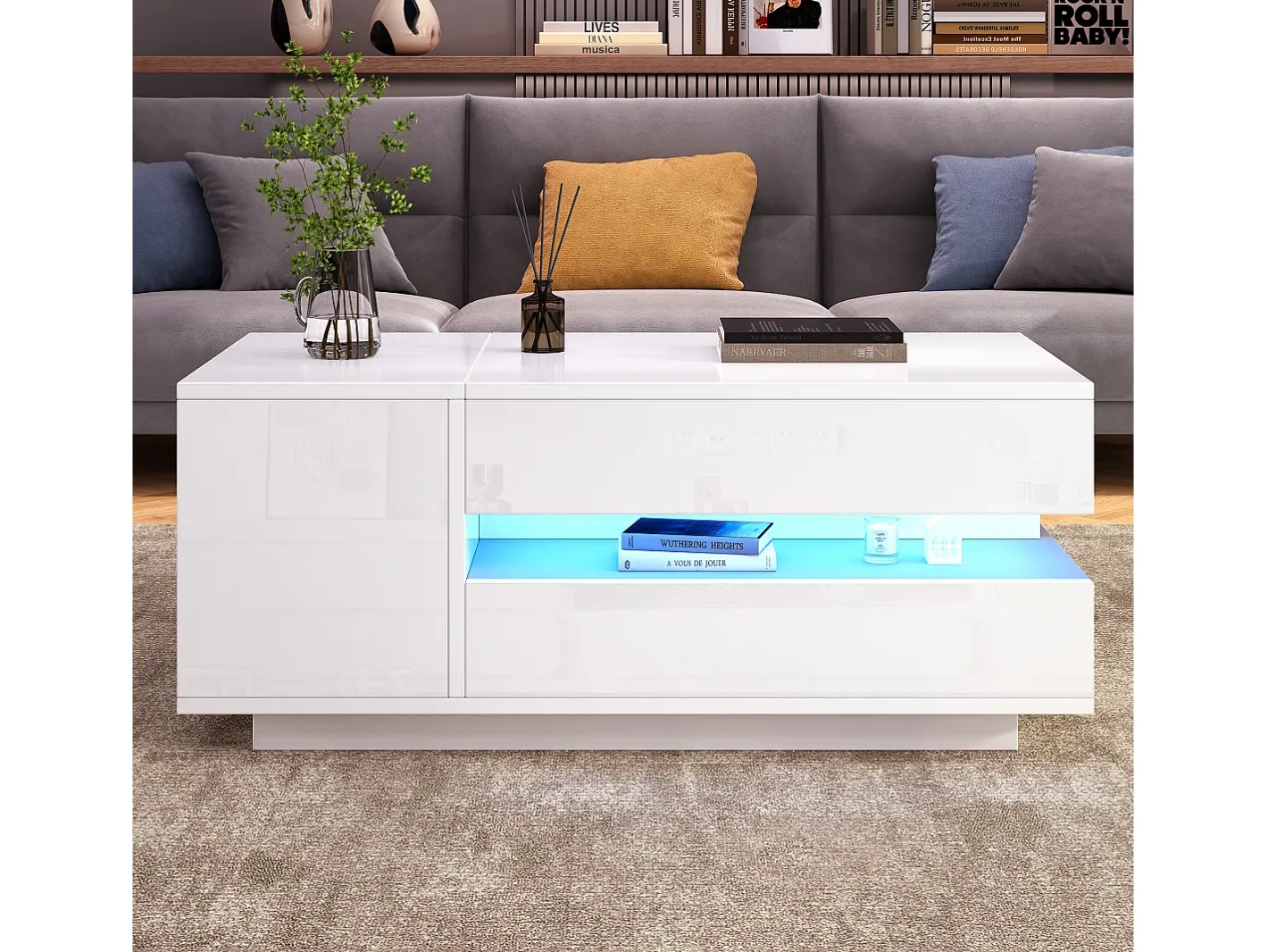 Outlet Mesa de centro ajustável 95×50×34,5 cm - Acabamento brilhante - 1 gaveta e 1 porta - Iluminação LED - Mesa De Centro