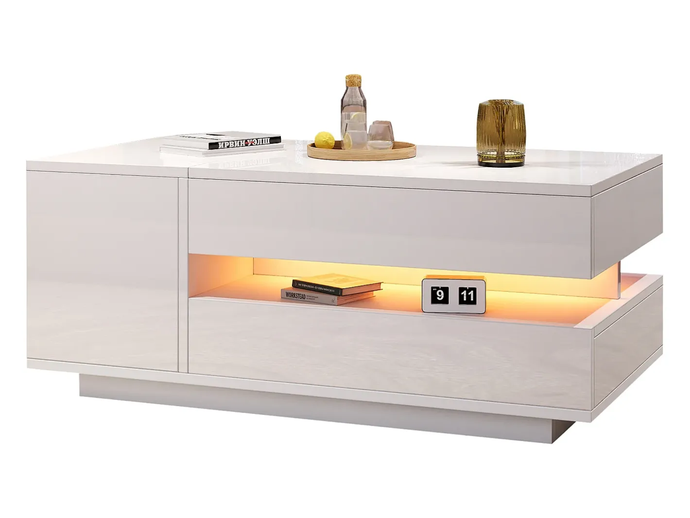 Outlet Mesa de centro ajustável 95×50×34,5 cm - Acabamento brilhante - 1 gaveta e 1 porta - Iluminação LED - Mesa De Centro