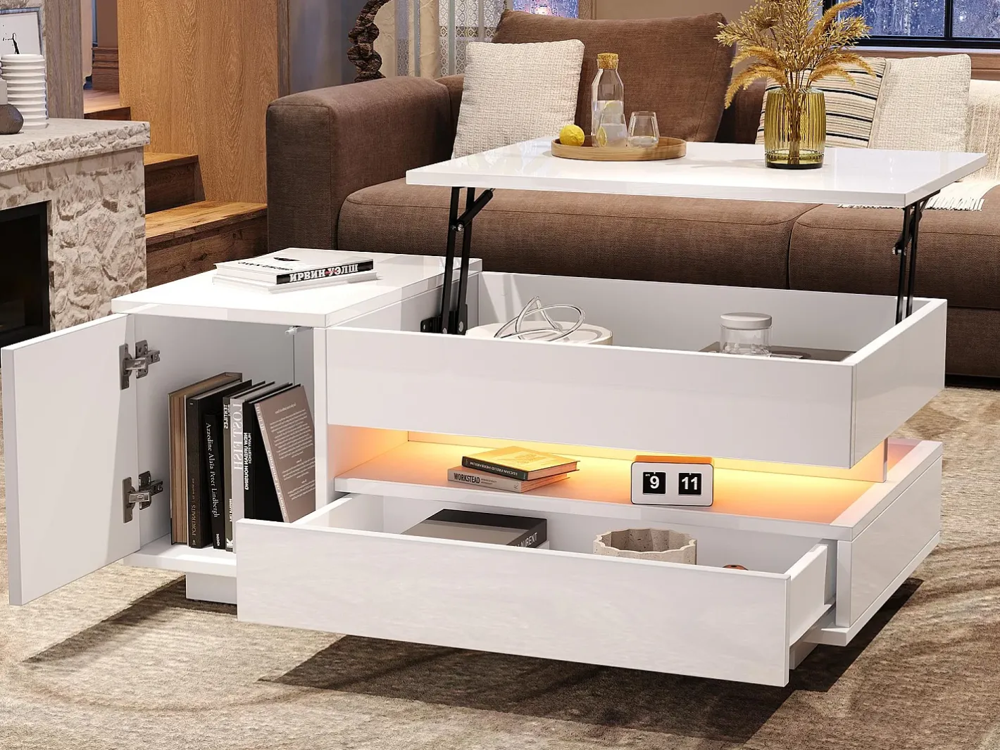Outlet Mesa de centro ajustável 95×50×34,5 cm - Acabamento brilhante - 1 gaveta e 1 porta - Iluminação LED - Mesa De Centro