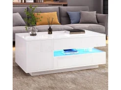 Outlet Mesa de centro ajustável 95×50×34,5 cm - Acabamento brilhante - 1 gaveta e 1 porta - Iluminação LED - Mesa De Centro