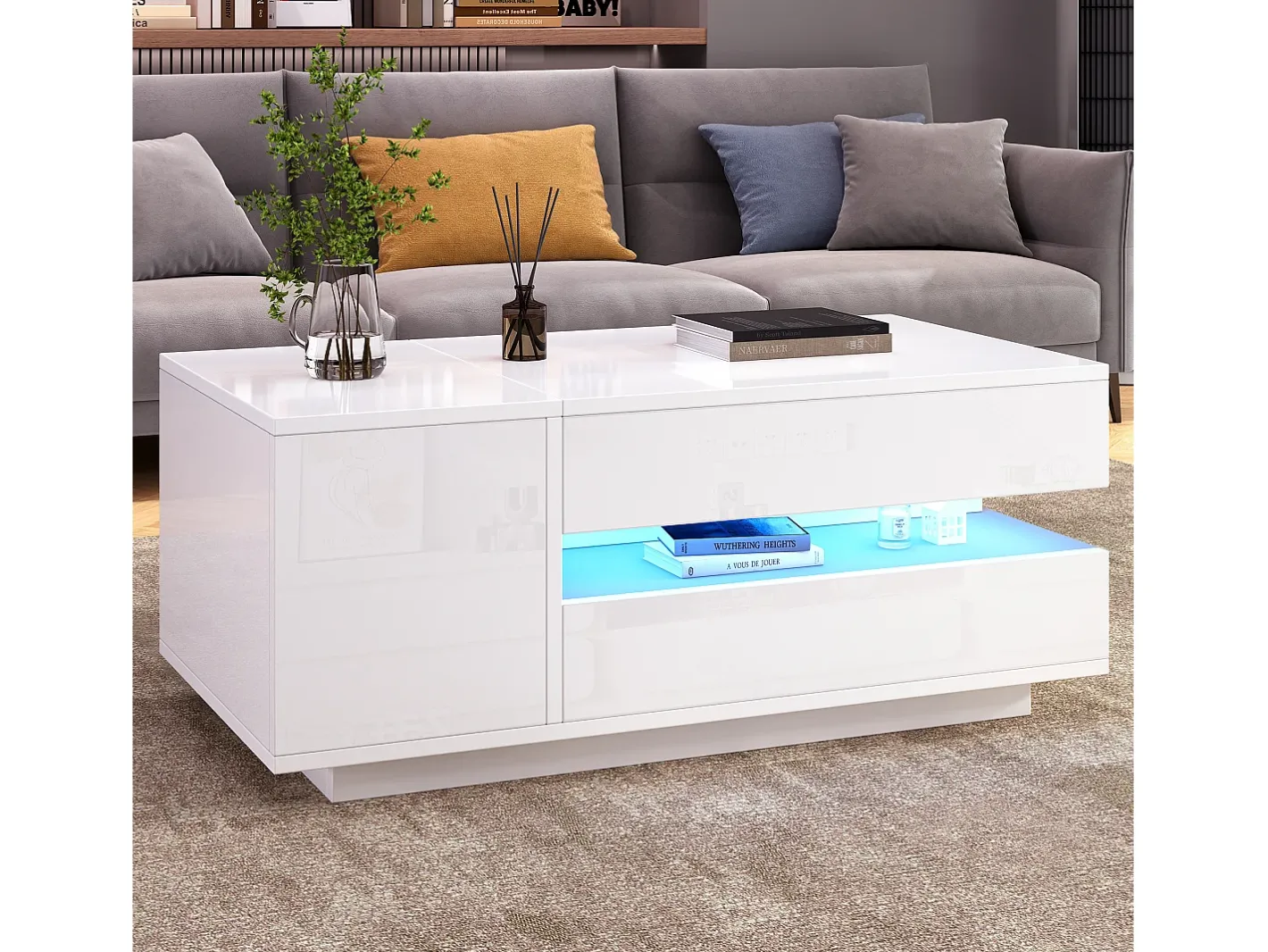 Outlet Mesa de centro ajustável 95×50×34,5 cm - Acabamento brilhante - 1 gaveta e 1 porta - Iluminação LED - Mesa De Centro