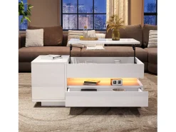 Outlet Mesa de centro ajustável 95×50×34,5 cm - Acabamento brilhante - 1 gaveta e 1 porta - Iluminação LED - Mesa De Centro