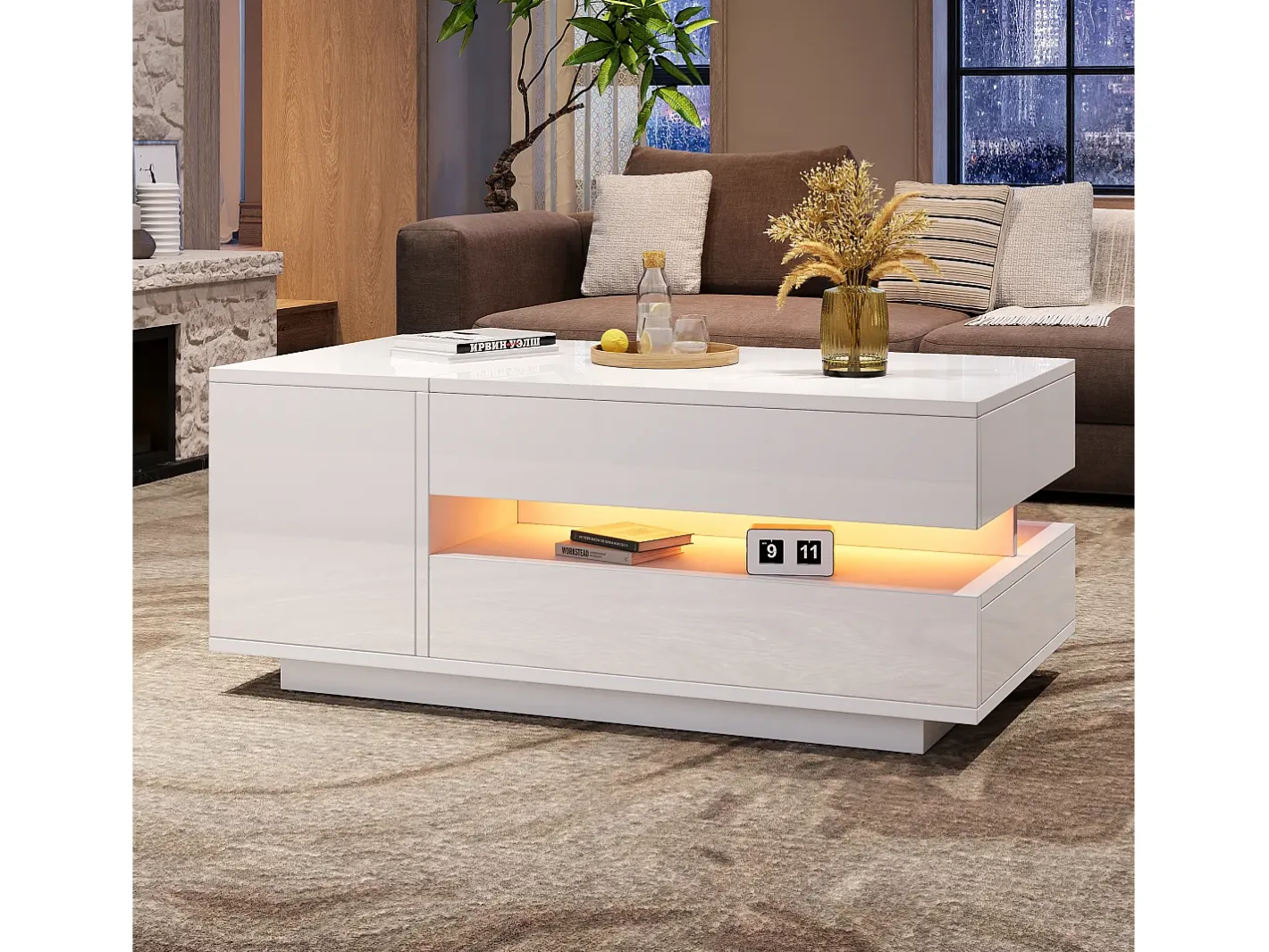 Outlet Mesa de centro ajustável 95×50×34,5 cm - Acabamento brilhante - 1 gaveta e 1 porta - Iluminação LED - Mesa De Centro