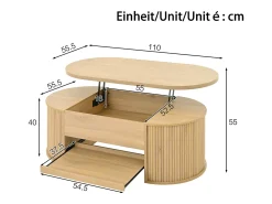 Mesa de centro ajustável 110×55,5×40 cm - laterais curvos - com 1 gaveta - MDF - natural Mesa De Centro