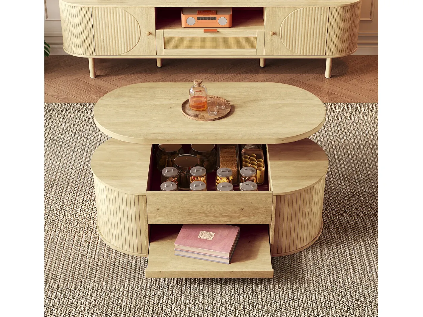 Mesa de centro ajustável 110×55,5×40 cm - laterais curvos - com 1 gaveta - MDF - natural Mesa De Centro
