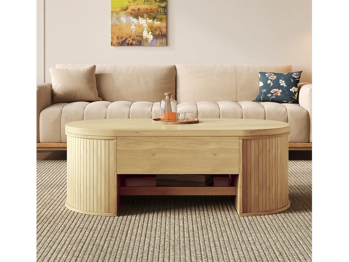 Mesa de centro ajustável 110×55,5×40 cm - laterais curvos - com 1 gaveta - MDF - natural Mesa De Centro