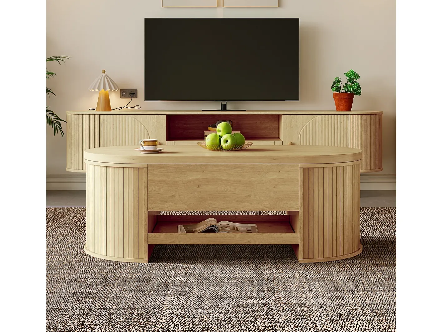 Mesa de centro ajustável 110×55,5×40 cm - laterais curvos - com 1 gaveta - MDF - natural Mesa De Centro