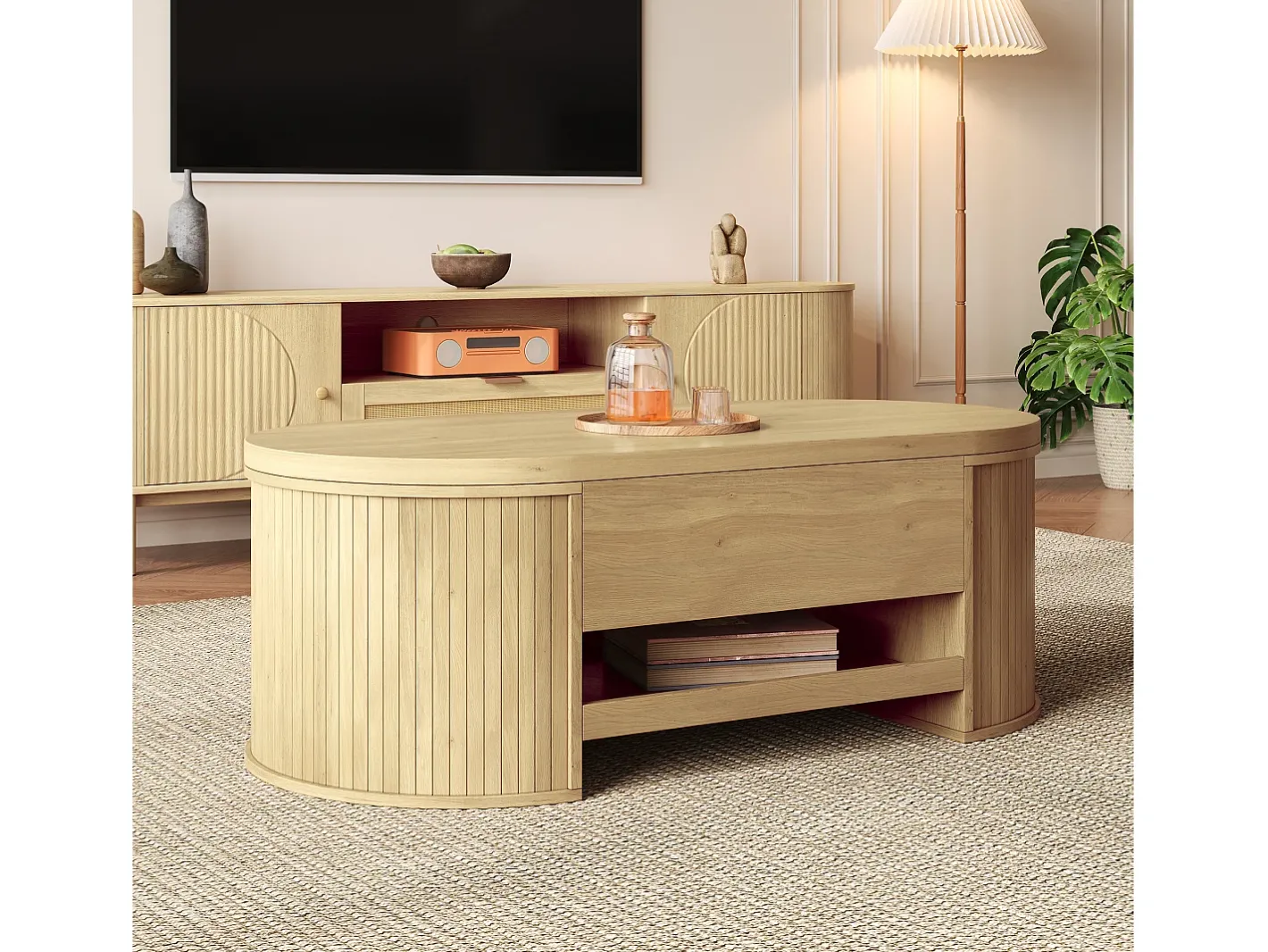 Mesa de centro ajustável 110×55,5×40 cm - laterais curvos - com 1 gaveta - MDF - natural Mesa De Centro