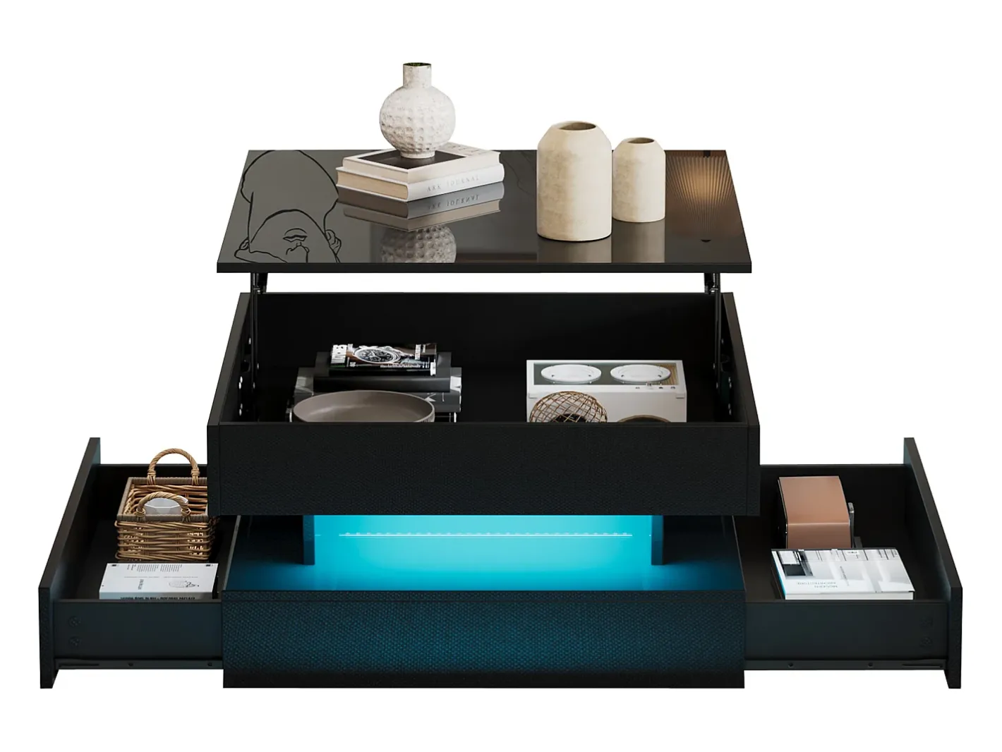 Mesa de centro ajustável 65×65×38,5 cm - acabamento brilhante - com iluminação LED - 2 gavetas -*ModernLuxe New