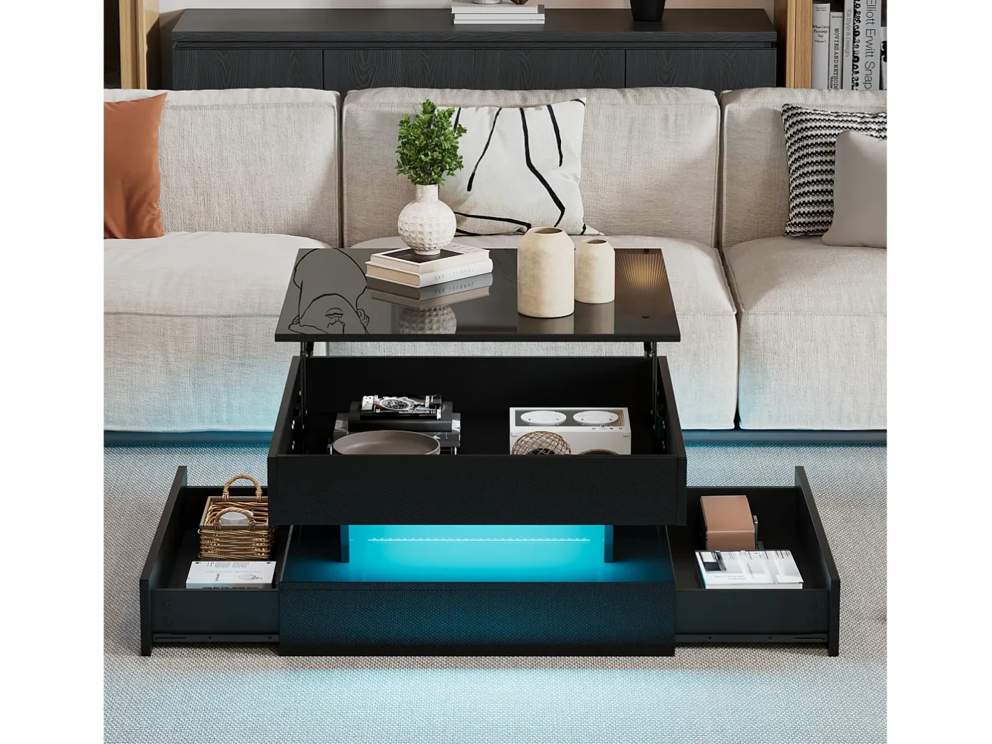 Mesa de centro ajustável 65×65×38,5 cm - acabamento brilhante - com iluminação LED - 2 gavetas -*ModernLuxe New