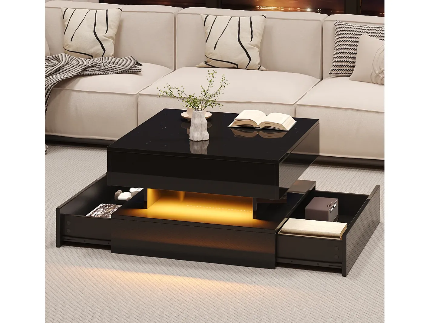 Mesa de centro ajustável 65×65×38,5 cm - acabamento brilhante - com iluminação LED - 2 gavetas -*ModernLuxe New