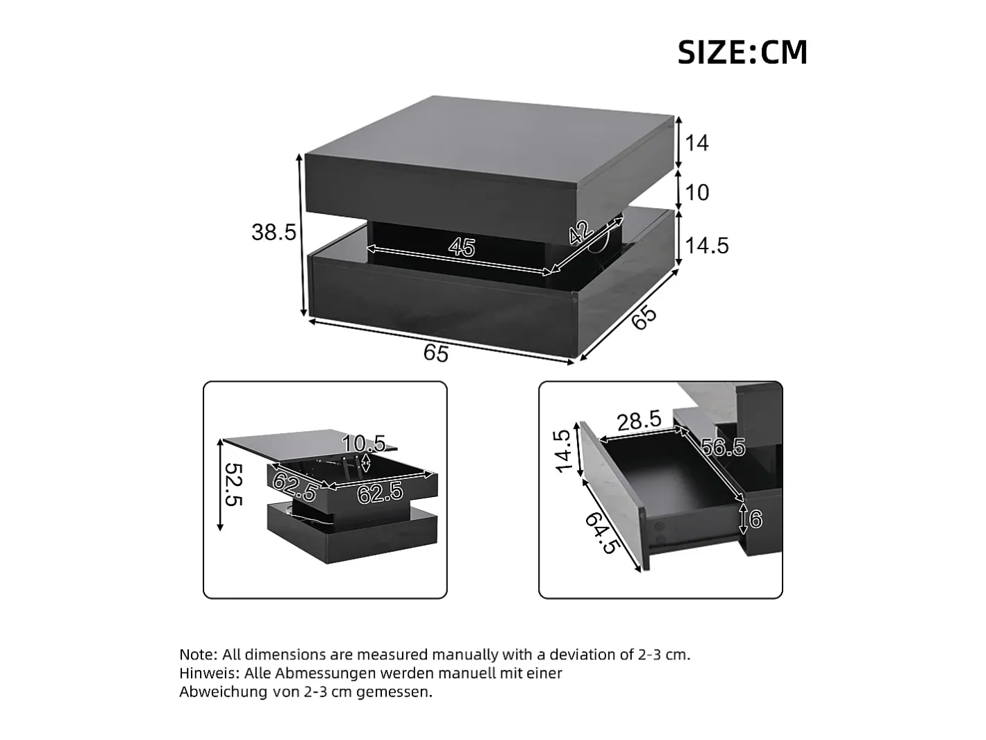 Mesa de centro ajustável 65×65×38,5 cm - acabamento brilhante - com iluminação LED - 2 gavetas -*ModernLuxe New