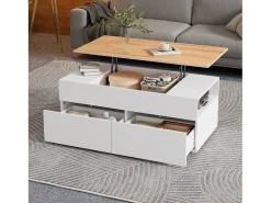 Best Mesa de centro ajustável 100×50×40 cm - com 2 gavetas - MDF - branco + natural Mesa De Centro