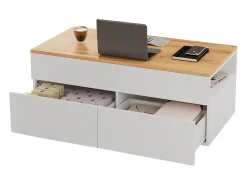 Best Mesa de centro ajustável 100×50×40 cm - com 2 gavetas - MDF - branco + natural Mesa De Centro