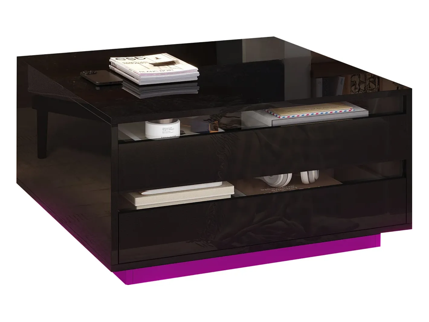 Mesa de centro ajustável 70×70×38 cm - com fita LED - com 1 gaveta e porta basculante -^ModernLuxe