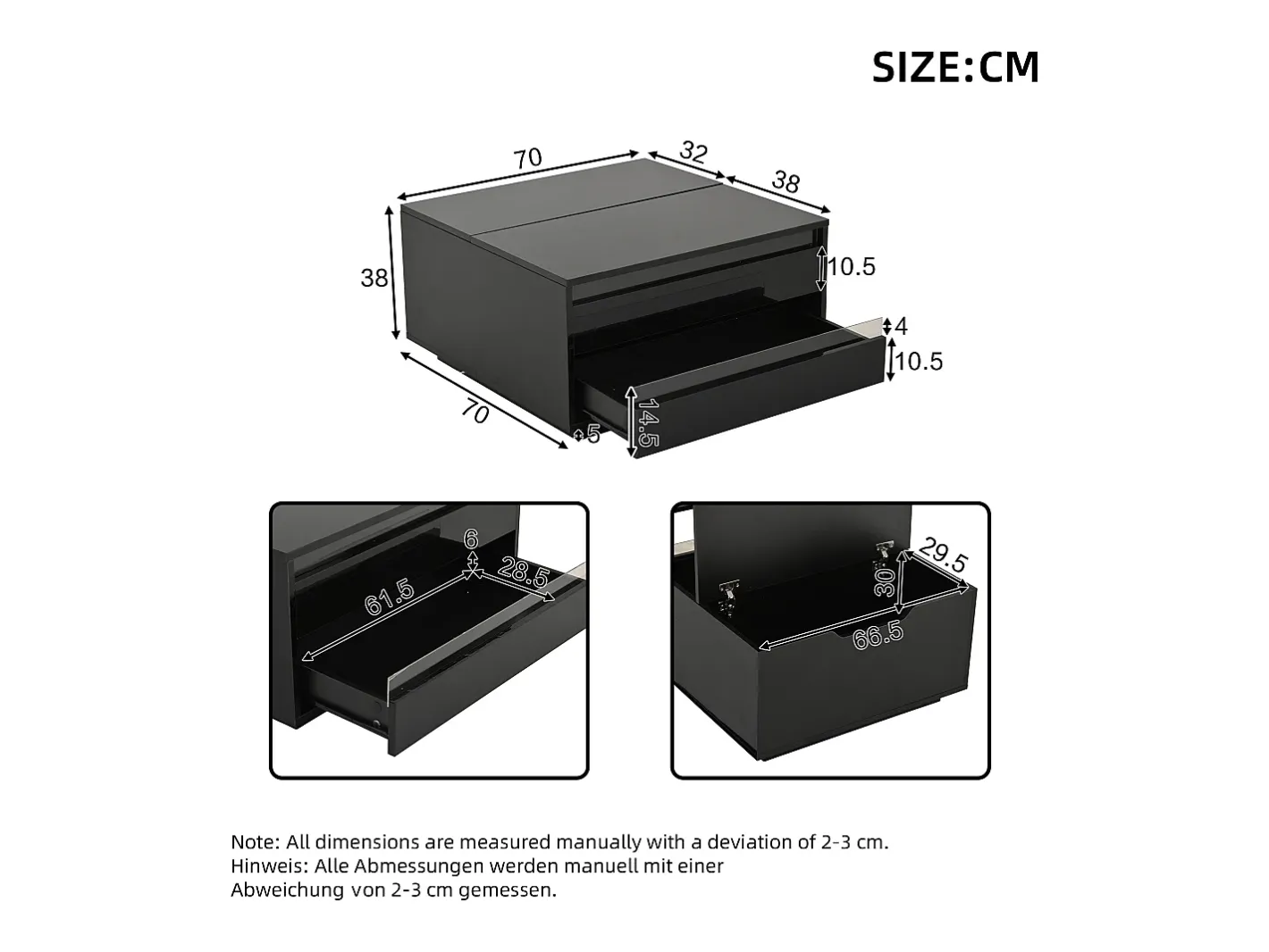 Mesa de centro ajustável 70×70×38 cm - com fita LED - com 1 gaveta e porta basculante -^ModernLuxe