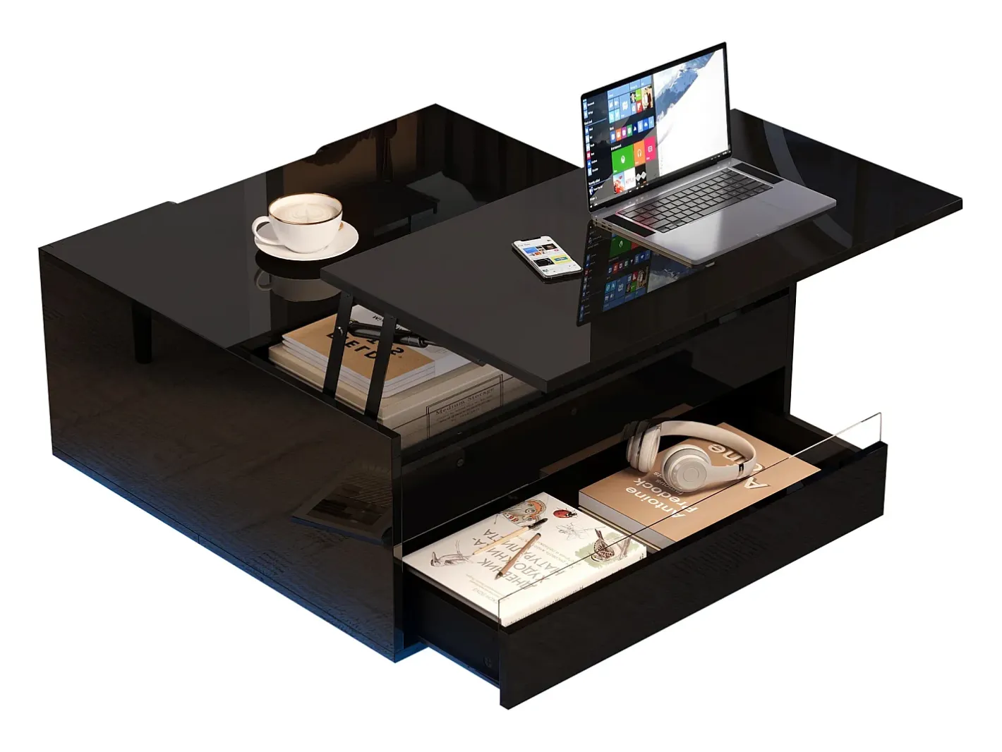 Mesa de centro ajustável 70×70×38 cm - com fita LED - com 1 gaveta e porta basculante -^ModernLuxe