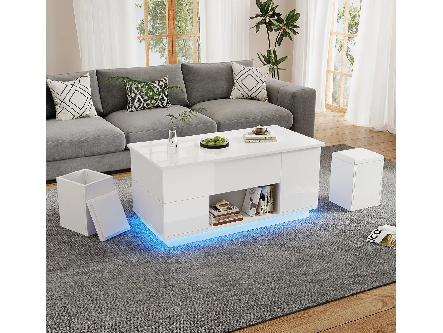 Mesa de centro ajustável 100×50×45 cm - com iluminação LED - acabamento brilhante - com 2 gavetas e 2 banquetas -^ModernLuxe New