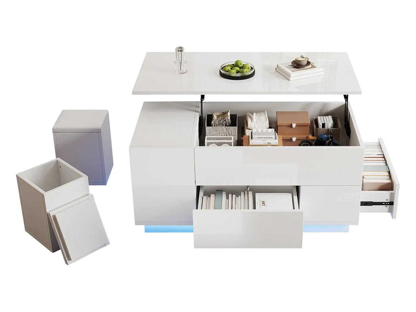 Mesa de centro ajustável 100×50×45 cm - com iluminação LED - acabamento brilhante - com 2 gavetas e 2 banquetas -^ModernLuxe New