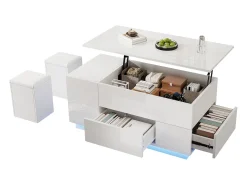 Mesa de centro ajustável 100×50×45 cm - com iluminação LED - acabamento brilhante - com 2 gavetas e 2 banquetas -^ModernLuxe New