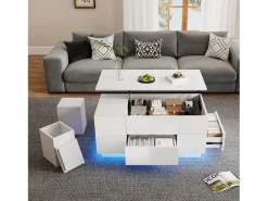 Mesa de centro ajustável 100×50×45 cm - com iluminação LED - acabamento brilhante - com 2 gavetas e 2 banquetas -^ModernLuxe New