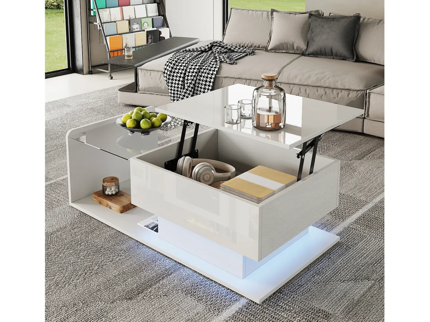 Mesa de centro ajustável alto brilho 100×50×47,5 cm - Tampo de vidro - Iluminação LED - Painéis de partículas -^ModernLuxe Sale