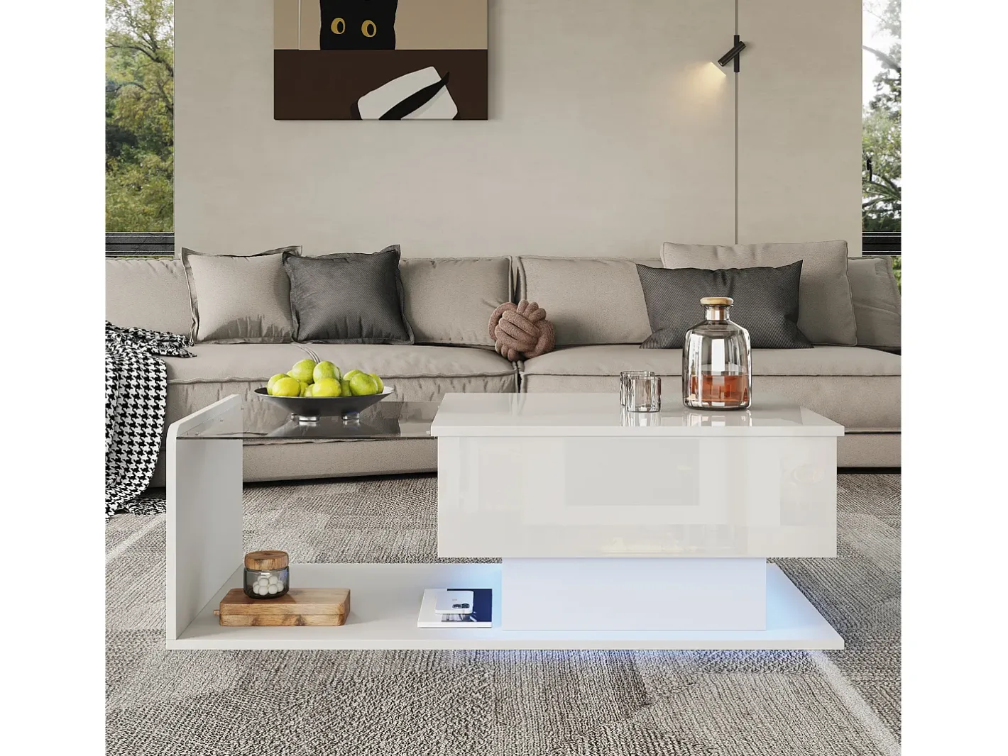 Mesa de centro ajustável alto brilho 100×50×47,5 cm - Tampo de vidro - Iluminação LED - Painéis de partículas -^ModernLuxe Sale