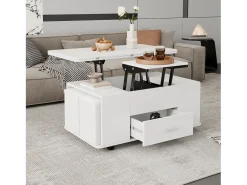 Mesa de centro ajustável em altura 100x50x45cm - multifuncional 4 em 1 - com 1 gaveta - com 4 banquinhos - branca^ModernLuxe Hot