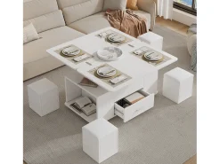 Mesa de centro ajustável em altura 100x50x45cm - multifuncional 4 em 1 - com 1 gaveta - com 4 banquinhos - branca^ModernLuxe Hot