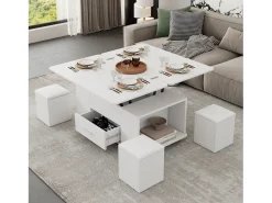 Mesa de centro ajustável em altura 100x50x45cm - multifuncional 4 em 1 - com 1 gaveta - com 4 banquinhos - branca^ModernLuxe Hot