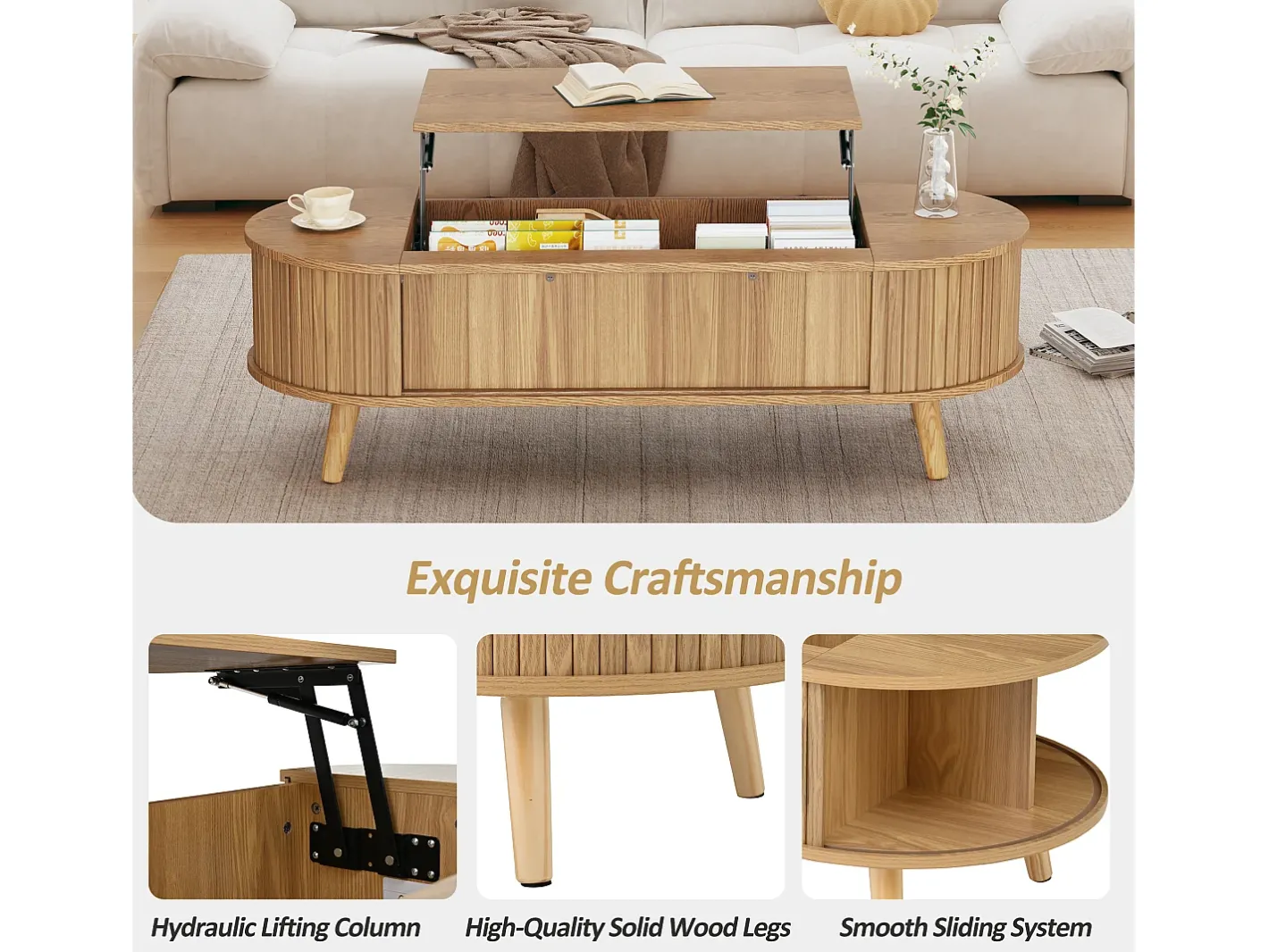 Online Mesa de centro ajustável em altura 120x50x39,5 cm - 2 portas - Armazenamento oculto - Pés de madeira maciça - Natural Mesa De Centro
