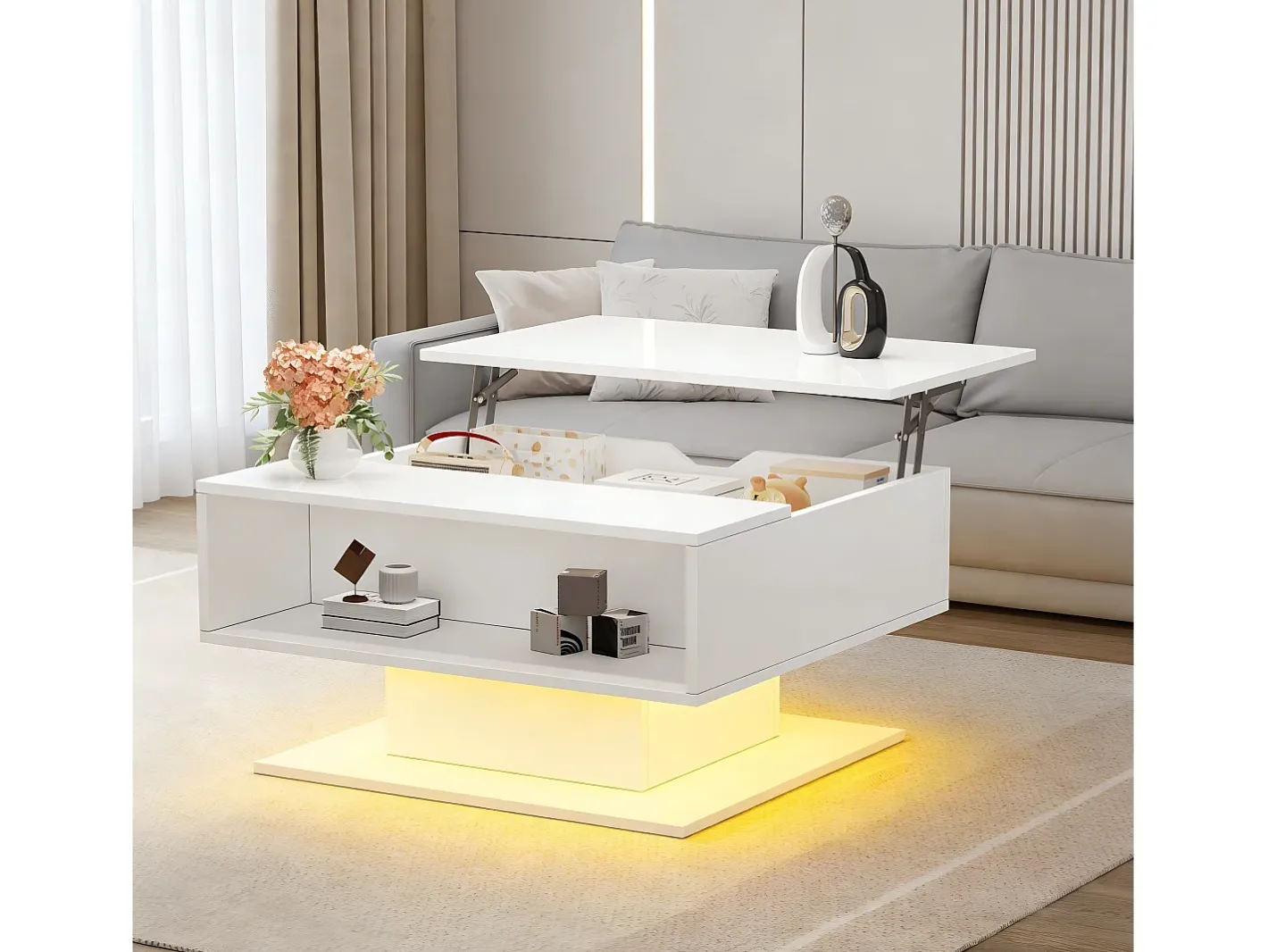 Mesa de centro ajustável em altura 80x77x40 cm - Design de alto brilho - Com iluminação LED - Armazenamento semiaberto -^ModernLuxe Discount