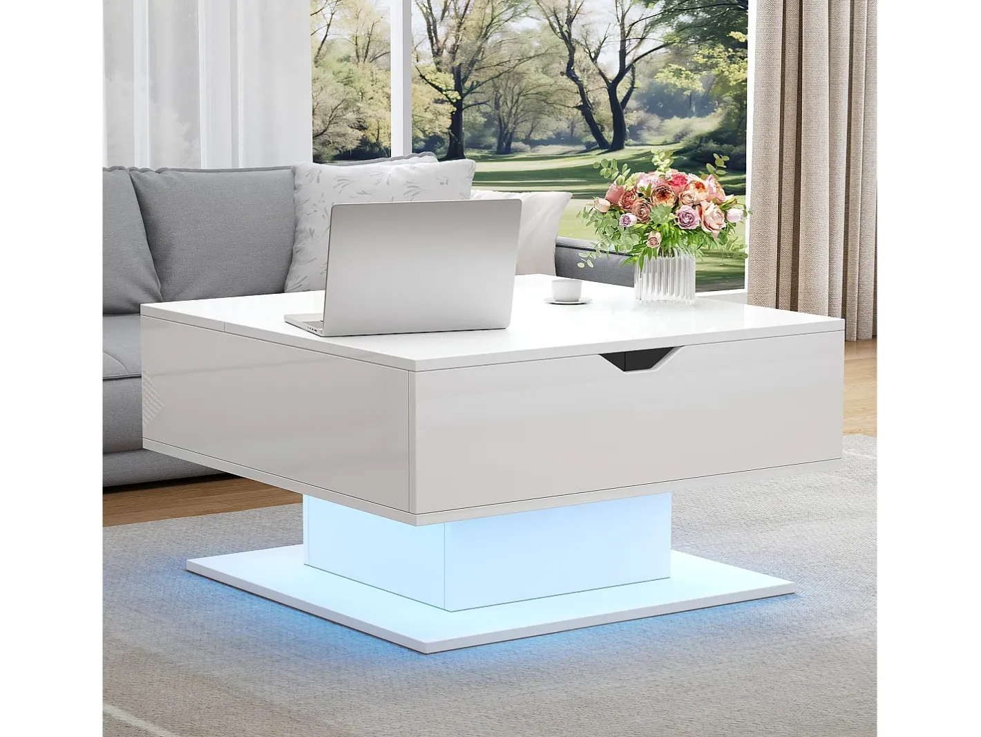 Mesa de centro ajustável em altura 80x77x40 cm - Design de alto brilho - Com iluminação LED - Armazenamento semiaberto -^ModernLuxe Discount